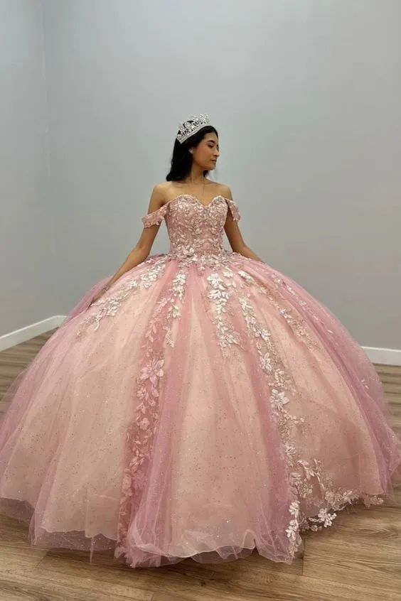 Diynav The Shoulder Pink Tulle Appliques Ball Gown Quinceanera Dress HZ1017