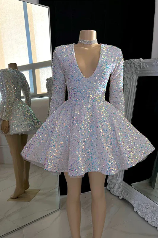 Diynav V-neck A-line Graduation Dress With Sequins,White Short Homecoming Dress HZ1017
