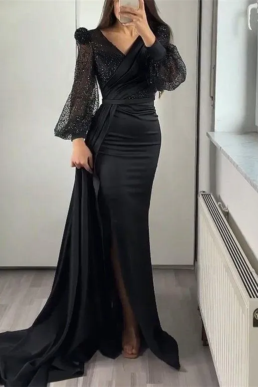 Diynav V-Neck Long Sleeves Mermaid Split Evening Dress With Ruffle HZ1017