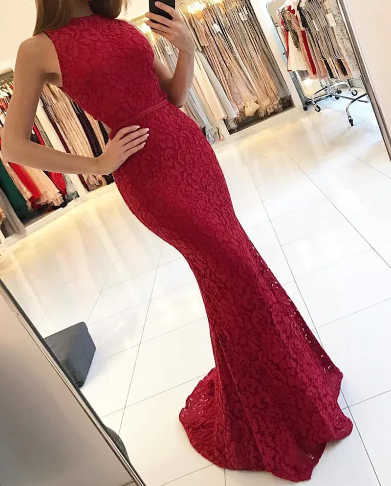 Diynav Burgundy Mermaid Lace Evening Dresses HZ1017
