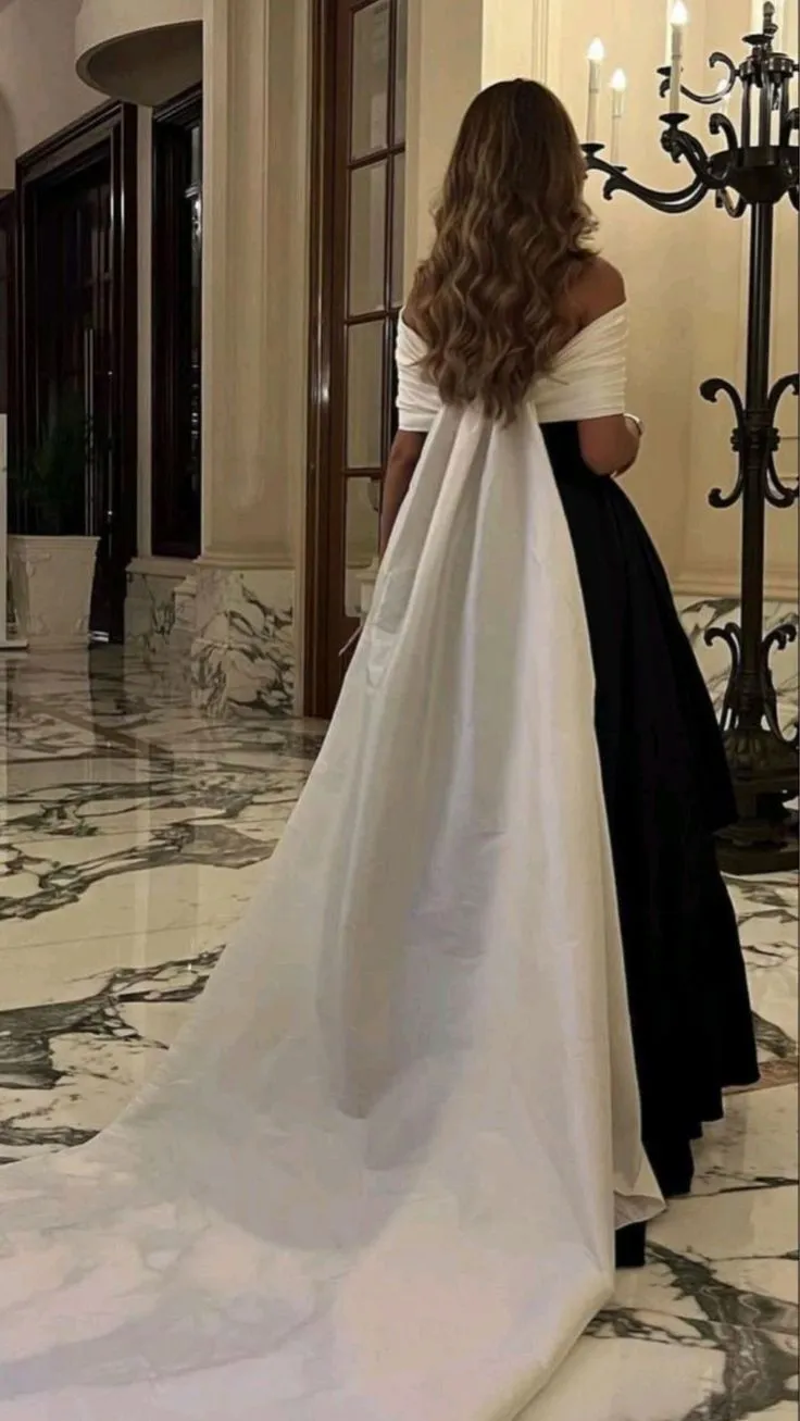Diynav Black And White Satin Prom Dresses With Removable Tail Custom Made Cocktail Party Evening Dress HZ1017