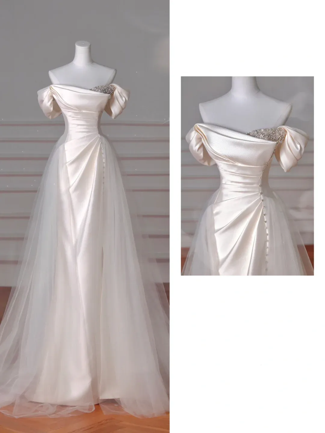 Diynav White off The Shoulder Satin Beaded Mermaid Evening Dress,Formal Prom Dress Wedding Dress HZ1017