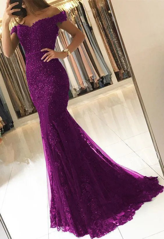 Diynav Shoulder Lace V-neck Mermaid Prom Dresses Purple Formal Evening Gowns HZ1017