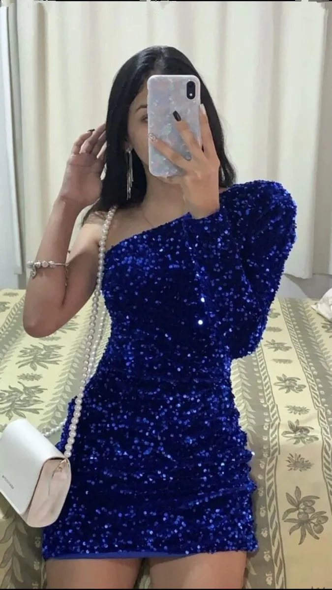 Diynav Women's Sparkling Sequin Homecoming Dress One Shoulder Long Sleeve Bodycon Mini Club Party Bodycon Dress HZ1017