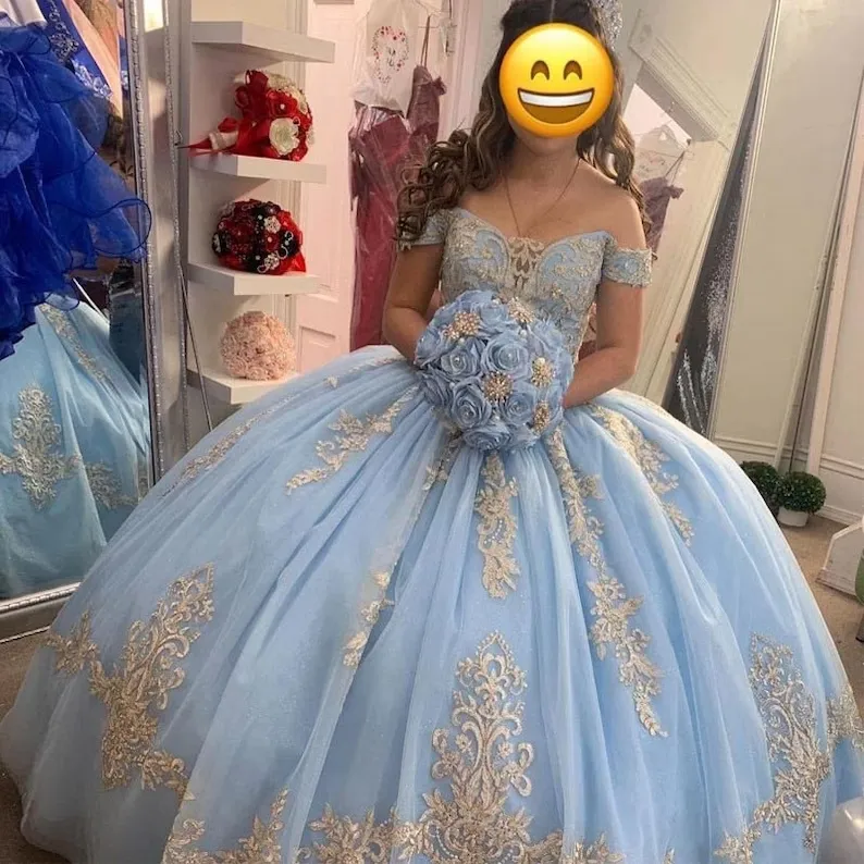 Diynav Blue Ball Gown Quinceanera Dresses Off the Shoulder with Sleeves Sweet 16 Birthday Party Gowns HZ1017