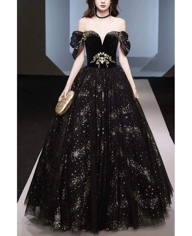 Diynav Tulle Sequins A Line Ball Gown Off The Shoulder Black Prom Evening Dress HZ1017