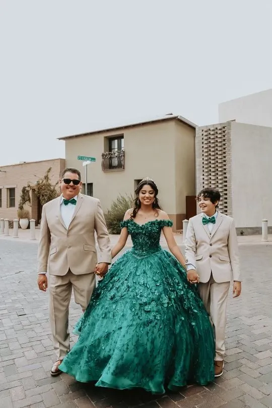 Diynav the shoulder emerald green ball gown with floral decor HZ1017
