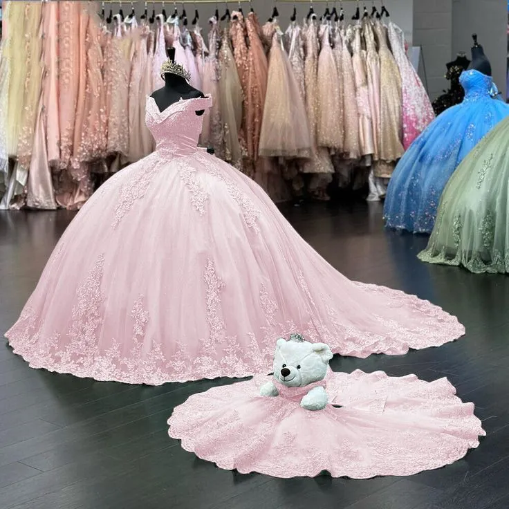 Diynav Shoulder Pink Sweet 16 Quinceanera Dresses Lace Birthday Ball Gown HZ1017