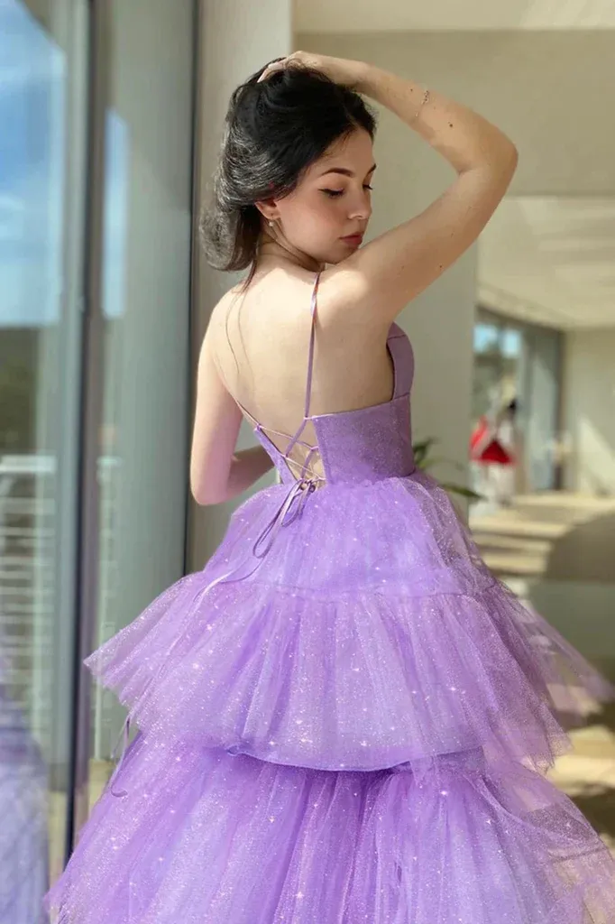 Diynav Neck Purple High Low Prom Dresses, Purple High Low Formal Homecoming Dresses HZ1017