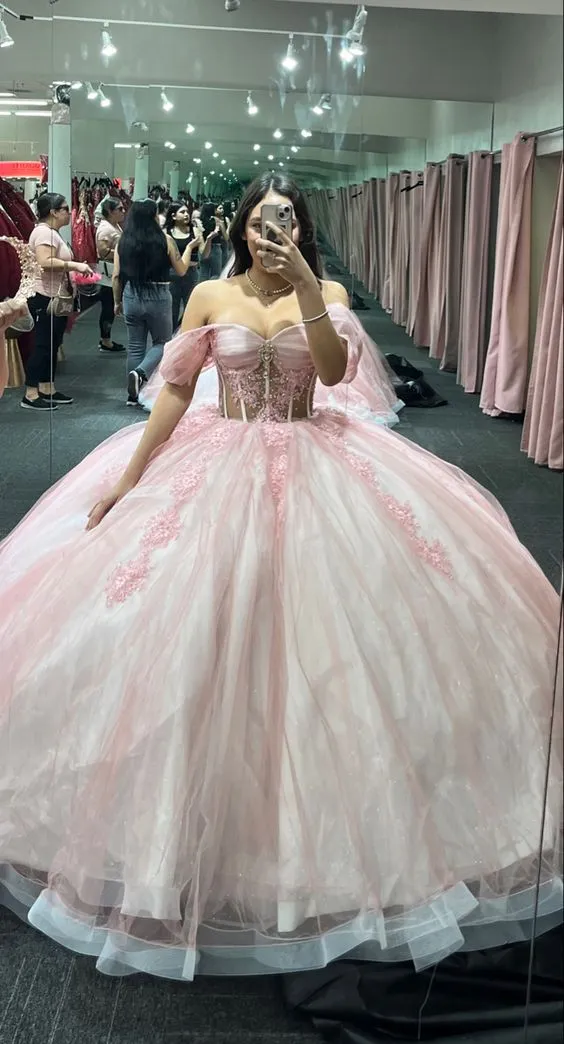 Diynav Off The Shoulder Tulle Ball Gown,Pink Sweet 16 Dress HZ1017