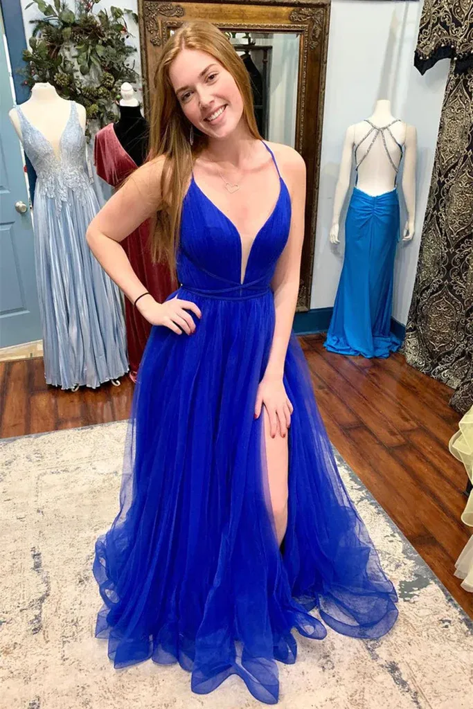 Diynav Neck Backless Blue Tulle Long Prom Dress with High Slit, Backless Blue Formal Graduation Evening Dress HZ1017