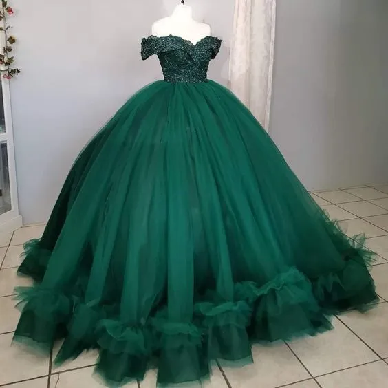 Diynav The Shoulder Green Ball Gown,Green Sweet 16 Dress HZ1017