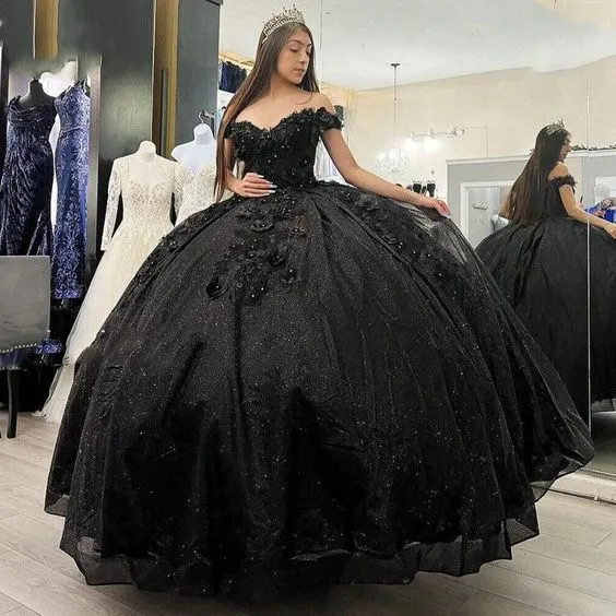 Diynav Glitter Black Beaded Quinceanera Dresses Sweet 15 16 Party Ball Gowns HZ1017