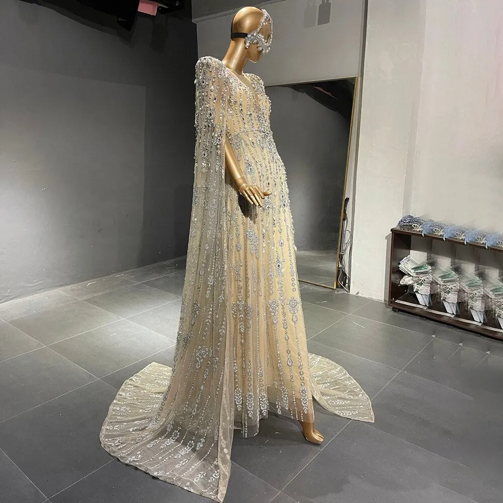 Diynav Luxury Cape Sleeve Evening Dresses Gowns 2025 Beaded A-Line High-end For Women Party HZ1017 - Image 3