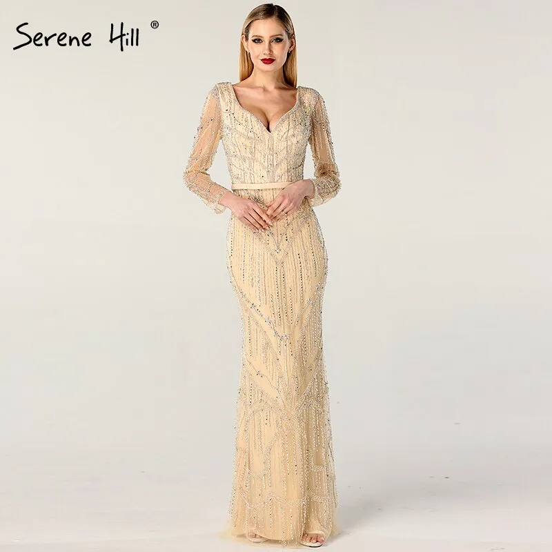 Diynav Sale no return no refundSale Gold V-Neck Dubai Design Sexy Evening Dresses Luxury Long Sleeves Beading Crystal Evening Gowns 2025 HZ1017