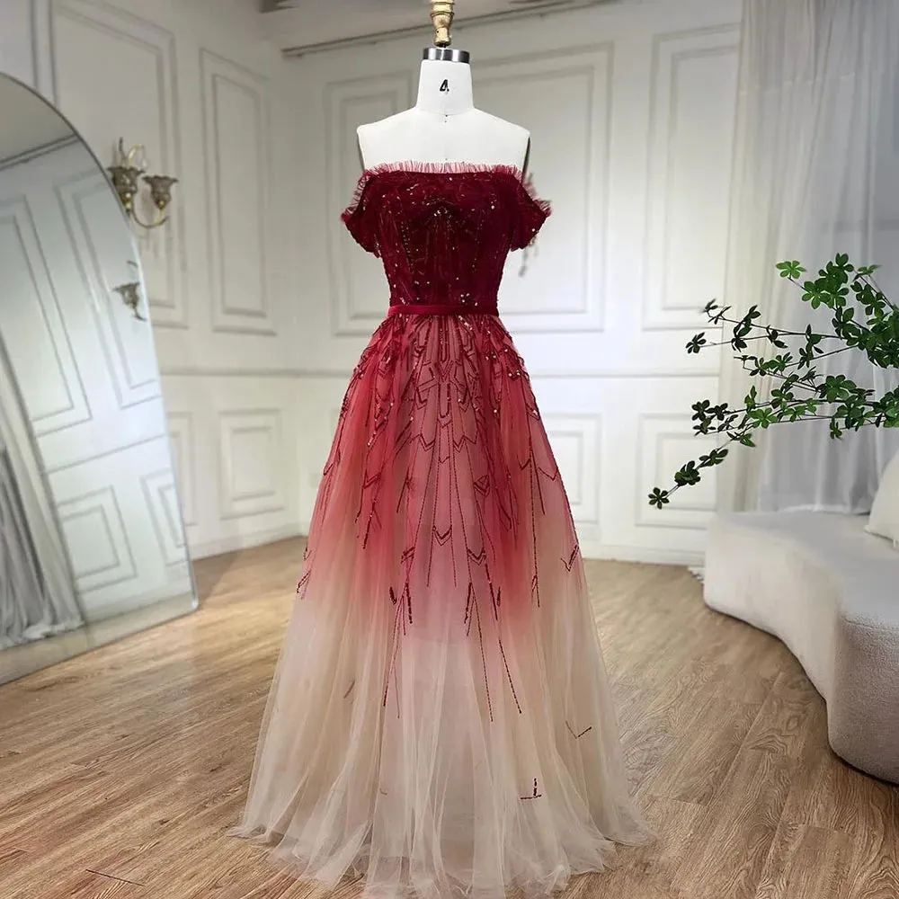 Diynav Change Red A-Line Sexy Evening Dresses 2025 Beading Sequins Boat Neck Formal Dress Design HZ1017