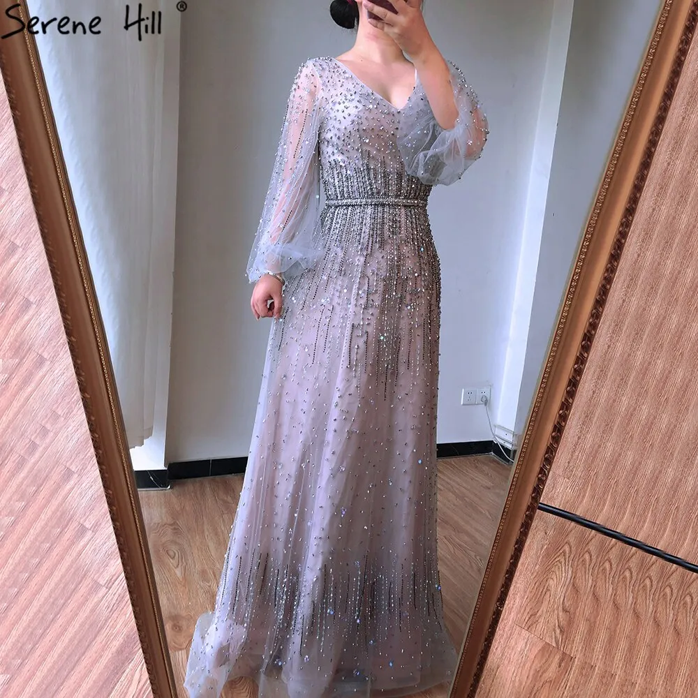 Diynav A-Line Luxury Sparkle Dubai Evening Dresses 2025 Beading Long Sleeves Sexy Formal Dress HZ1017