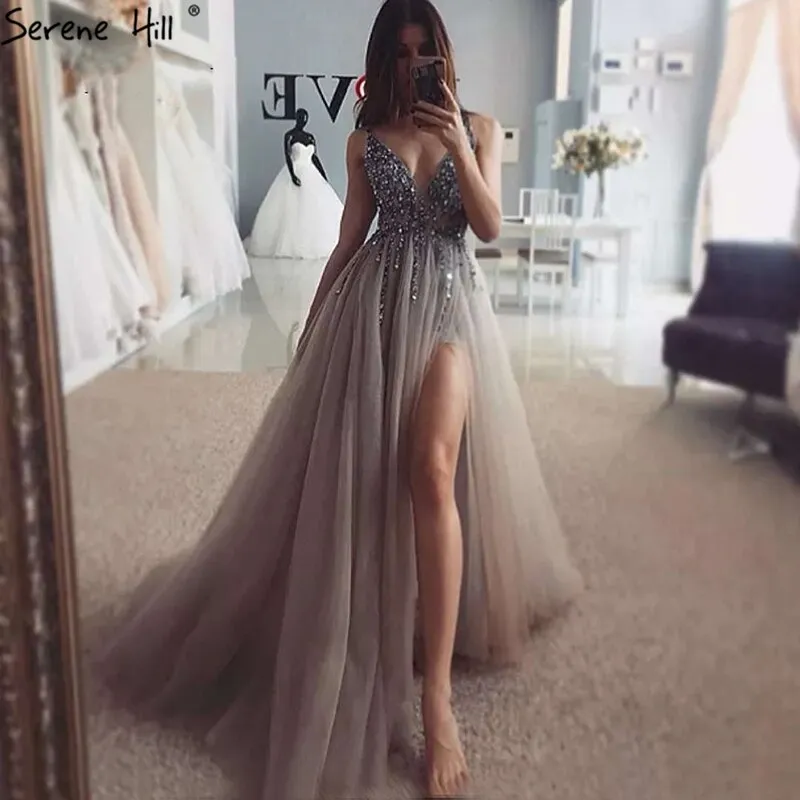 Diynav Sale no return no refundSale Grey Backless A-Line V Neck Sleeveless Evening Dressese Beading Diamonds Sexy Evening Gowns Design 2025 HZ1017