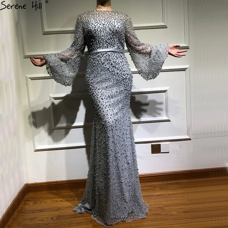 Diynav Sale no return no refundSale Grey Full Pearls Mermaid Evening Dresses 2025 Long Sleeves Sexy Fashion Formal Evening Gowns Plus Size HZ1017