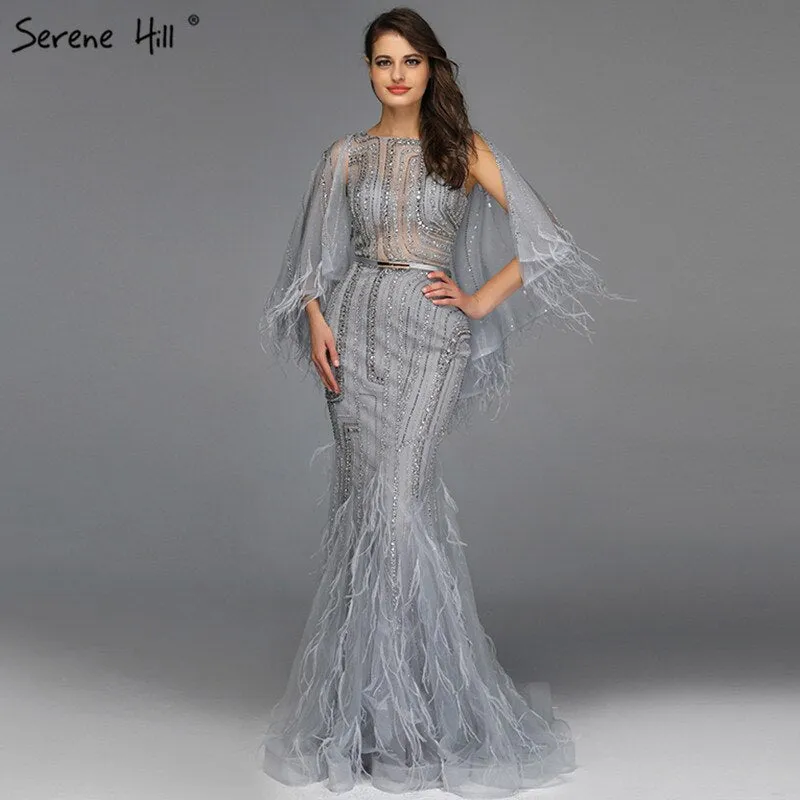 Diynav Sale no return no refundSale Grey O-Neck Feathers Crystal Evening Dresses Dubai Design Sleeveless Luxury Sexy Evening Gowns 2025 HZ1017