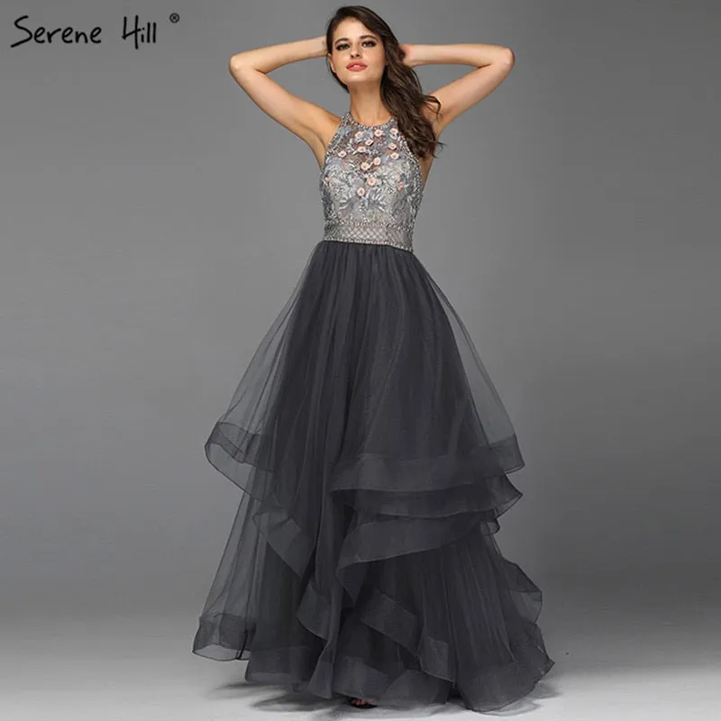 Diynav Grey Sleeveless Sexy A-Line Evening Dresses Design 2025 Backless Beading Crystal Evening Gowns Real Photo HZ1017