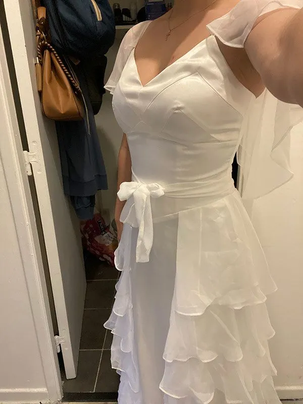 Diynav White Ruffled V-neck Long Evening Dress white Evening Gown HZ1017