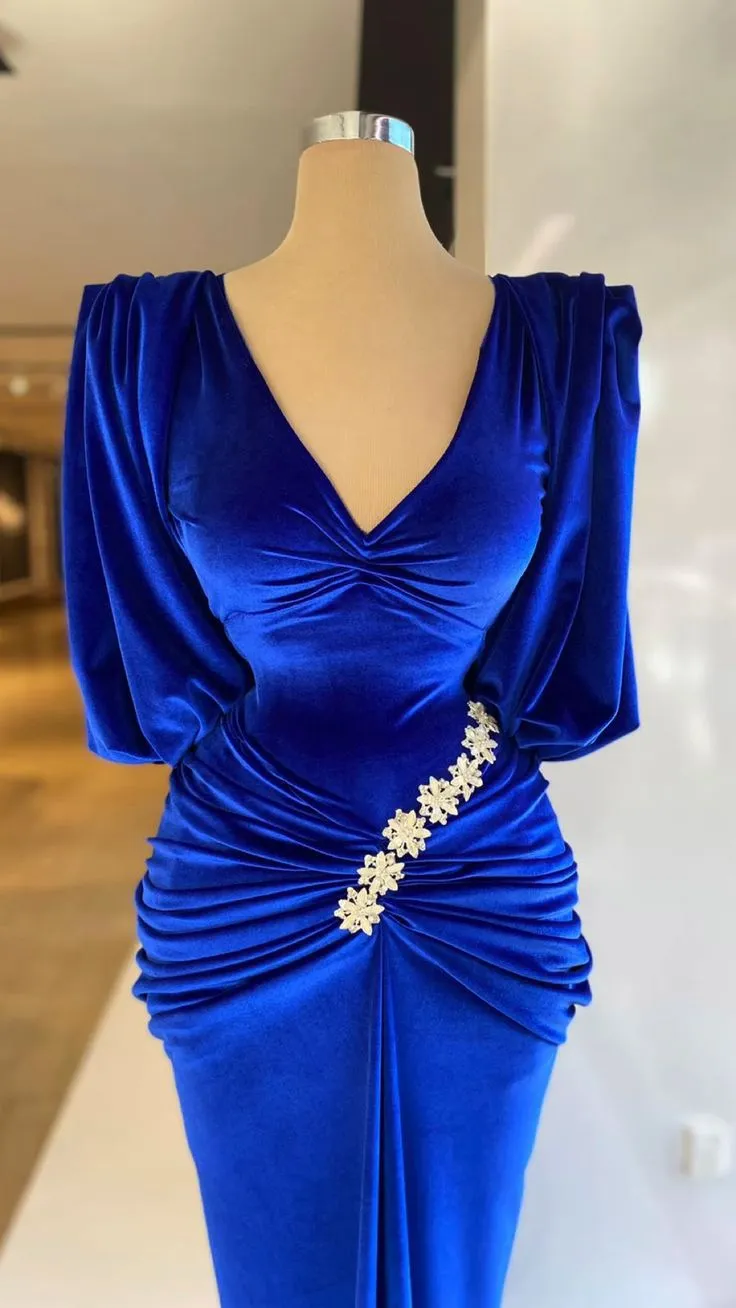 Diynav Dresses Dubai V-Neck Short Sleeves Velvet Pleats Appliques Royal Blue Mermaid Formal Prom Party Dress HZ1017