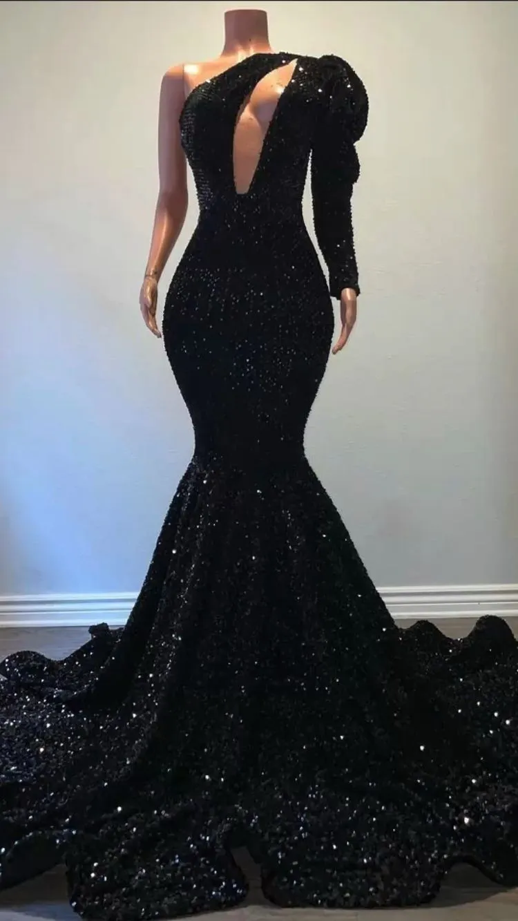 Diynav Sequins Long Prom Dress One Puffy Sleeve Mermaid Evening Dress HZ1017