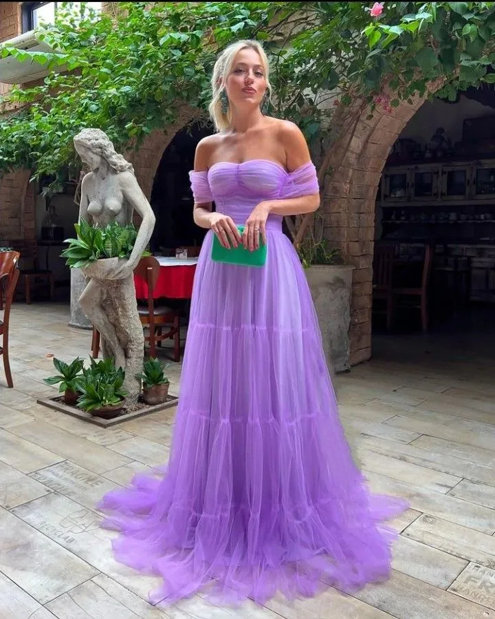 Diynav Line Purple Off the Shoulder Formal Evening Gowns Tulle Long Prom Dresses HZ1017