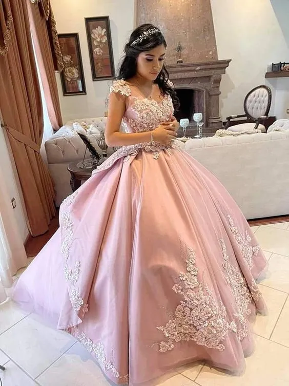 Diynav Pink Satin Ball Gown,Pink Sweet 16 Dress HZ1017
