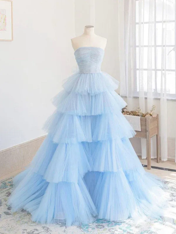 Diynav Blue Tulle Long Prom Dress, Blue Layered Tulle Evening Dress HZ1017