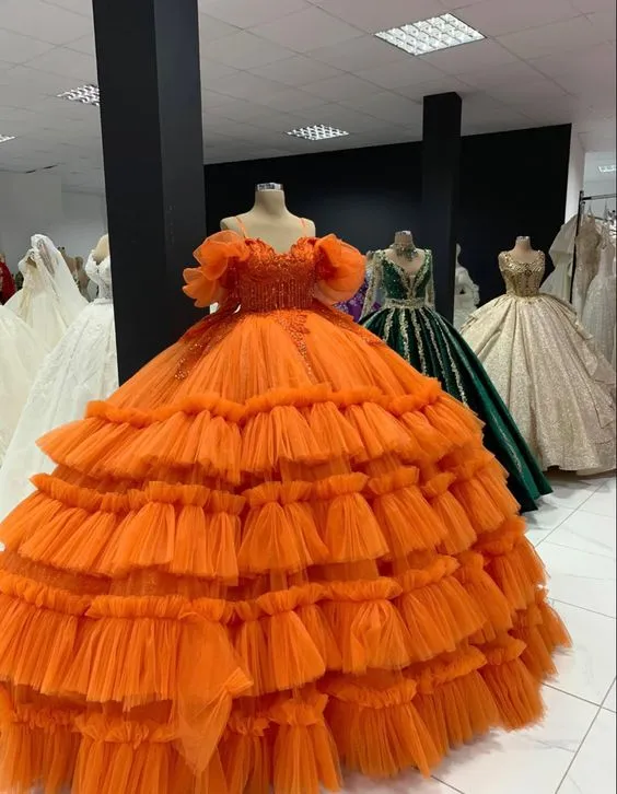 Diynav Orange Puffy Ball Gown,Orange Sweet 16 Dress HZ1017