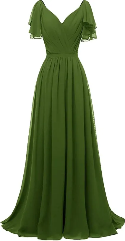 Diynav Sleeves Bridesmaid Dress V-Neck Chiffon Long Formal Wedding Evening Dress HZ1017