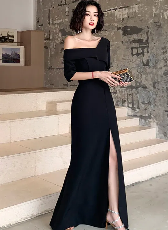 Diynav One Shoulder Slit Long Evening Dress, Black Formal Dress Prom Dress HZ1017
