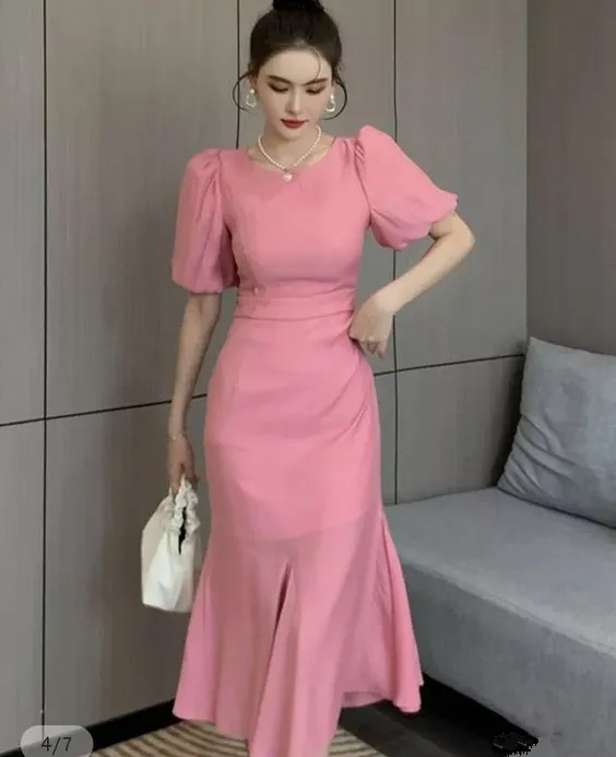 Diynav Pink Puff Sleeves Mermaid Mid-length Prom Dress Pink Cocktail Dress HZ1017