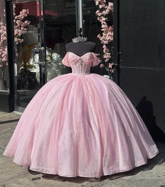 Diynav Off The Shoulder Pink Ball Gown,Pink Sweet 16 Dress,Pink Princess Dress HZ1017