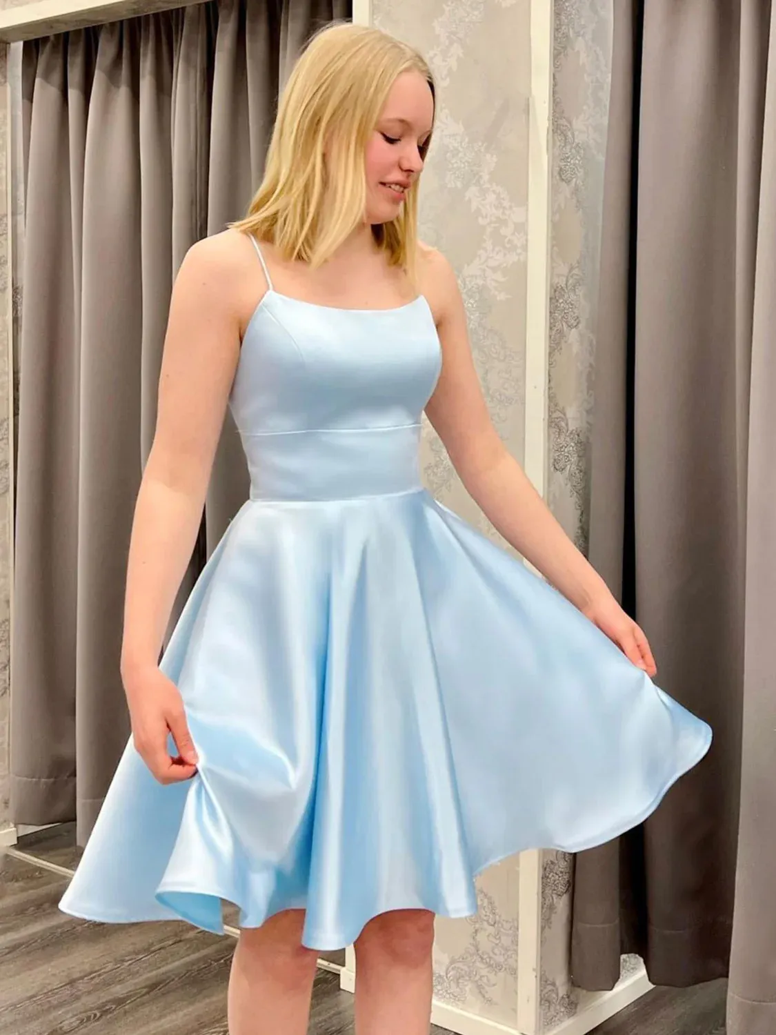Diynav Satin Blue Homecoming Dress,8th Graduation Dress HZ1017
