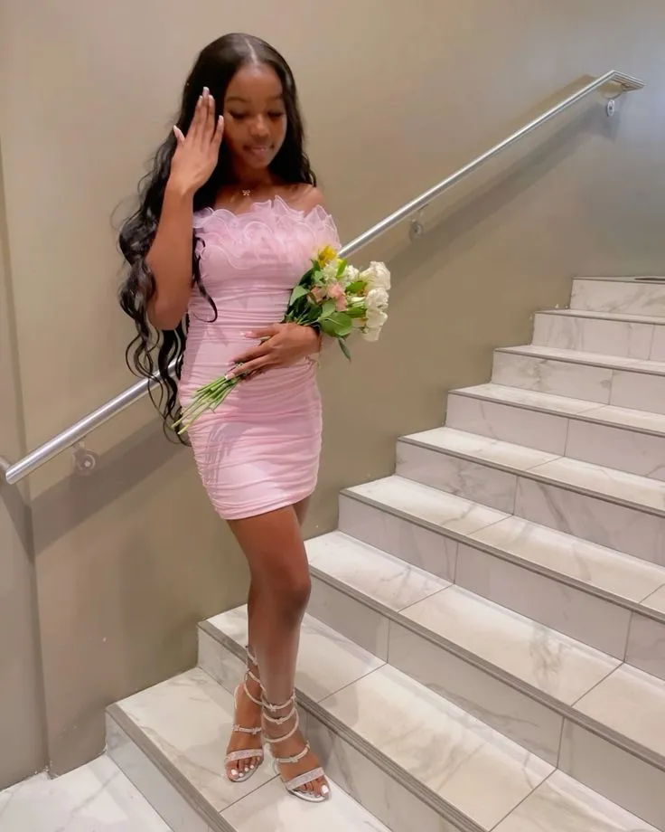 Diynav Pink Ruffles Strapless Homecoming Dress Sheath Mini Prom Dress HZ1017