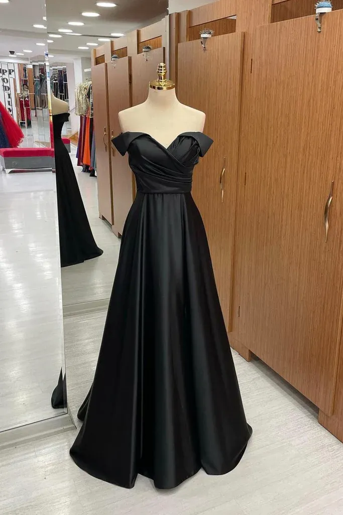 Diynav Shoulder Black Satin Long Prom Dress, Long Black Formal Graduation Evening Dress HZ1017