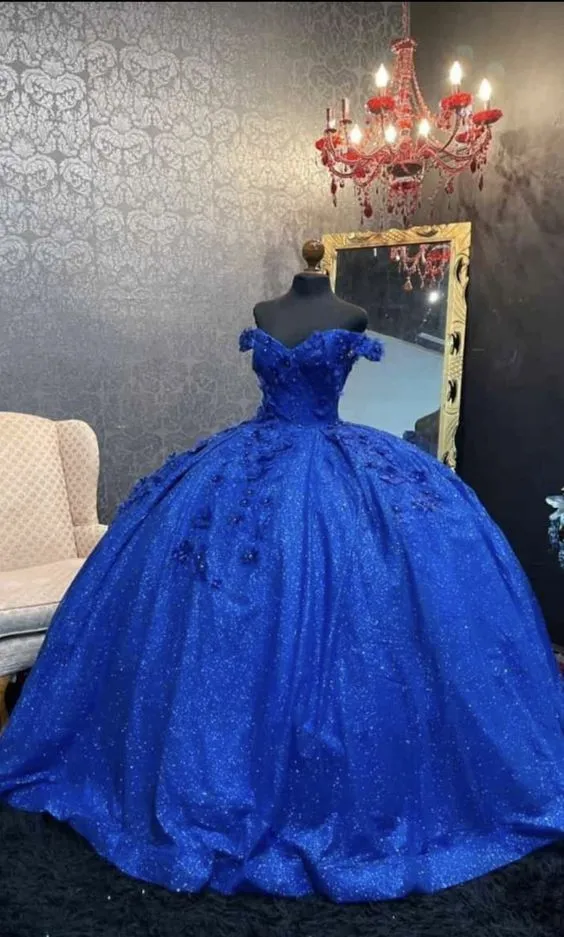 Diynav Gown Off The Shoulder Sequin Quinceanera Dresses Royal Blue Sweet 16 Dress 3D Florals HZ1017