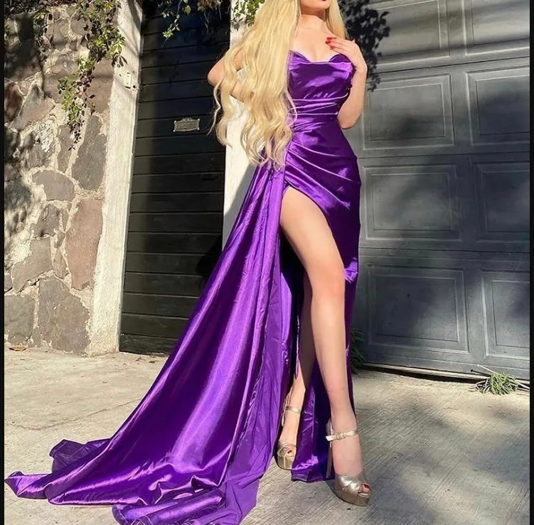 Diynav Purple Mermaid Satin Long Prom Dresses Side Slit Long Evening Dress HZ1017