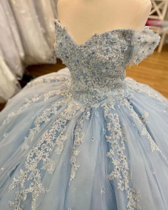 Diynav The Shoulder Blue Lace Tulle Ball Gown,Blue Sweet 16 Dress,Princess Dress HZ1017