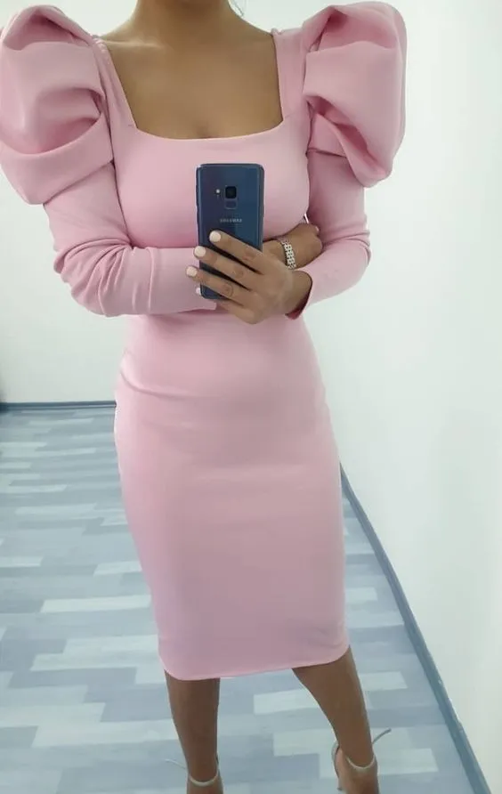 Diynav Pink Long Sleeves Prom Dress Pink Square Neckline Cocktail Dress HZ1017