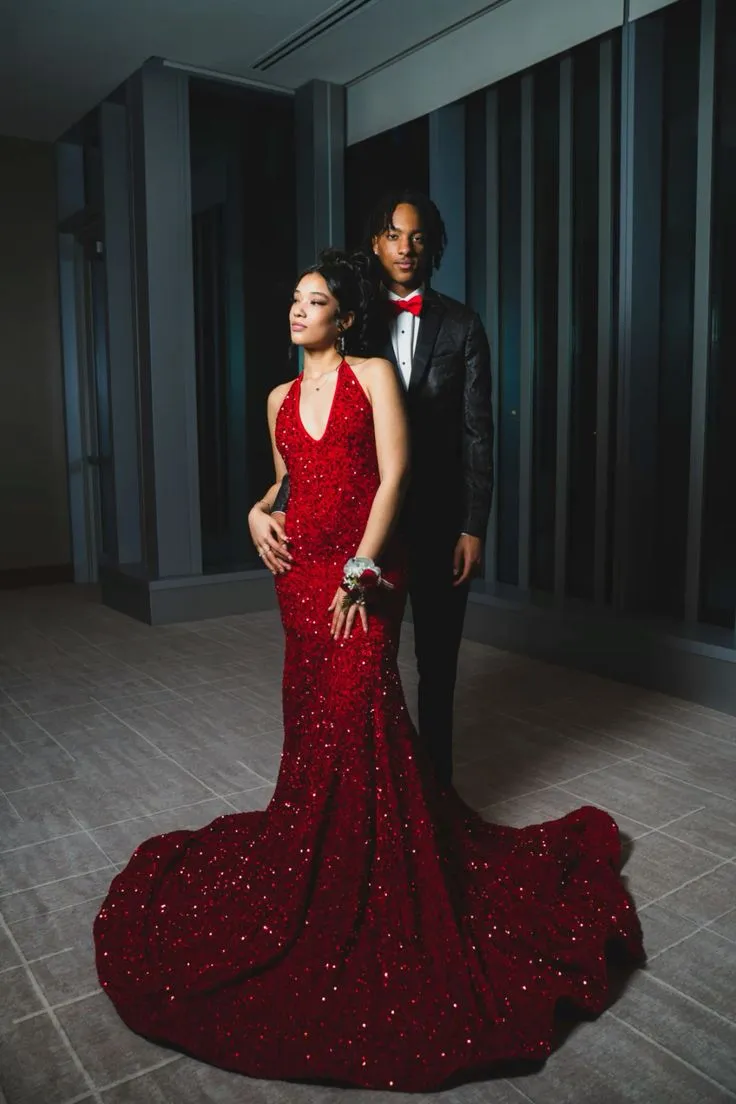 Diynav Red Sequins Mermaid Evening Dress With Train HZ1017