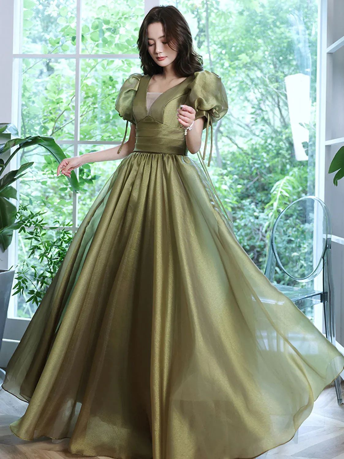 Diynav Green V Neck Tulle Long Prom Dress, Green Evening Dresses HZ1017
