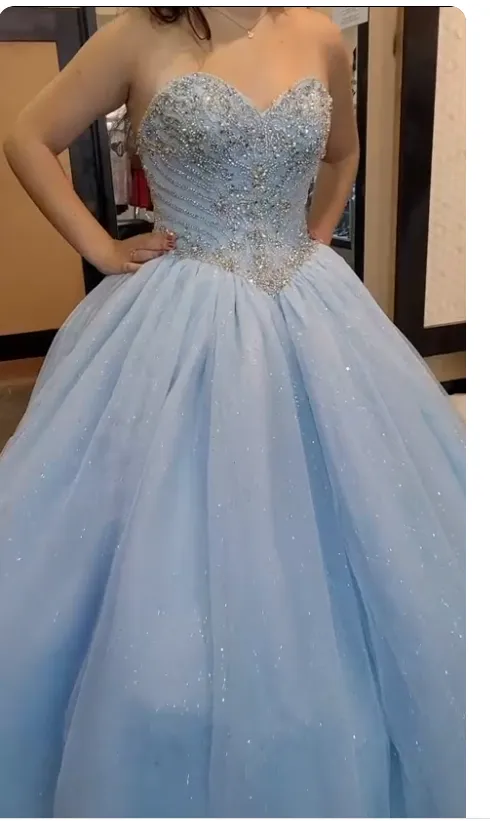 Diynav Light Blue Corset Top Beaded Ball Gown, Light Blue Sweet Girl Dresses Beaded Ball Gown HZ1017