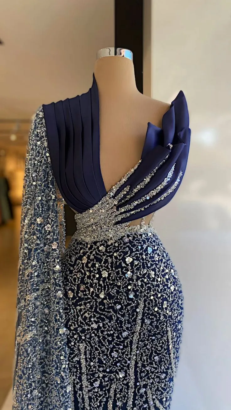 Diynav Blue One Shoulder Evening Dresses V Neck Prom Gowns Custom Made Sequin Sparkly Formal Party Dresses HZ1017 - Image 2