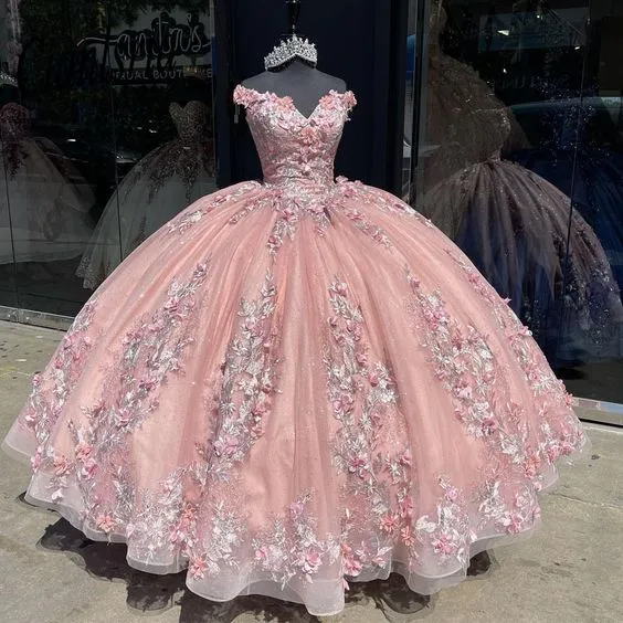 Diynav Shoulder 3D Appliques Ball Gown Quinceanera Dress For 15 Birthday Party HZ1017