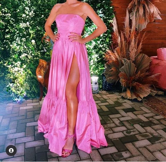 Diynav Pink Satin Long Evening Dress Classy Pink Prom Dress HZ1017