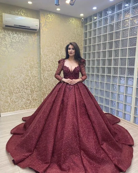 Diynav Long Sleeves Burgundy Ball Gown,Sweet 16 Dress HZ1017